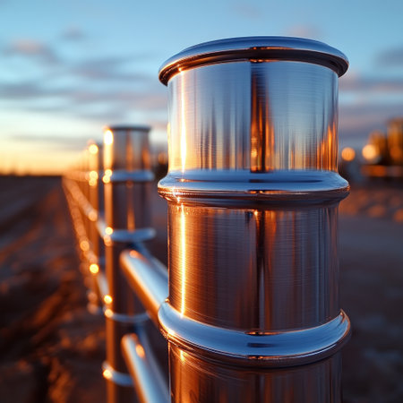 Reflective metal structures capture the evening sun, creating a stunning contrast.の素材
