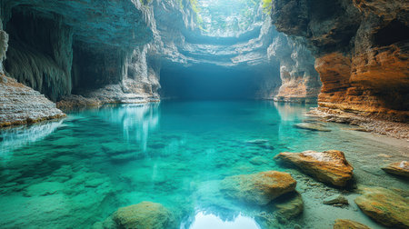 Turquoise water glimmers in a stunning cave with towering rock formations.の素材