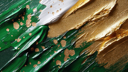 Vibrant brush strokes harmonize rich greens, radiant golds, and bright whites.の素材