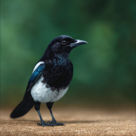 A colorful bird stands gracefully on the soft ground, showing its unique feathers.の素材