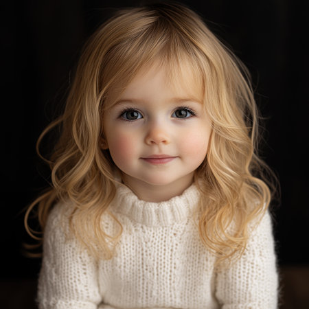 Child with wavy hair smiles gently, showing casing innocence and warmth in a cozy setting.の素材