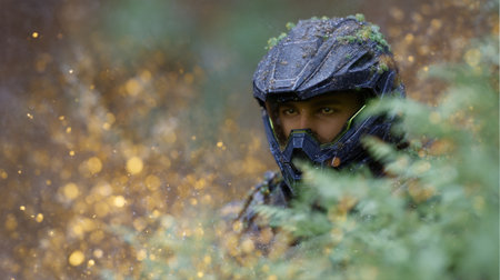 A lone warrior in advanced armor stands amidst ferns, captured in a magical golden light.の素材