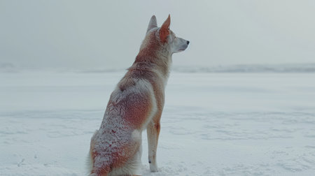 A dog stands quietly on a snowy terrain, admiring the serene winter landscape ahead.の素材