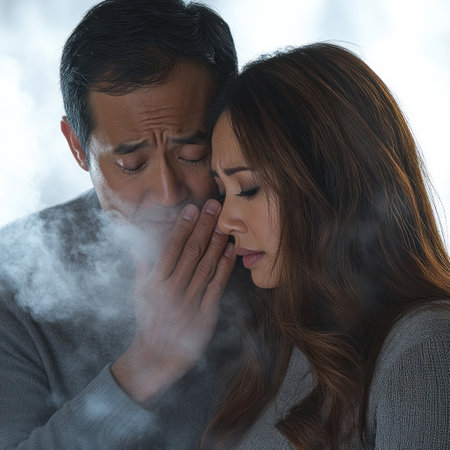 Couple shares deep emotion amid swirling mist, creating a touching scene.の素材