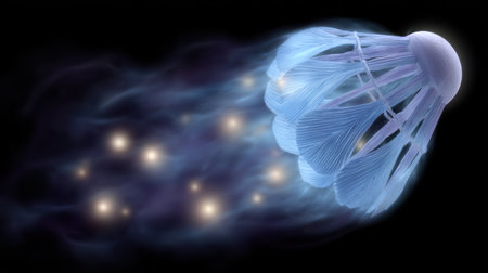A bright shuttlecock glides, leaving a sparkling trail in the dark.の素材