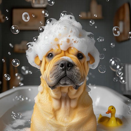 A fluffy Shar Pei puppy relaxes in a bubbly bath amidst floating soap bubbles and a toy.の素材