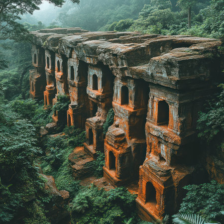 Stunning rock cut temples in lush forests reveal enduring history and beauty.の素材