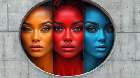 Three women showcase striking face paint and colors, highlighting beauty and creativity.の素材