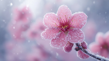 Cherry blossoms glisten with frost, creating a serene winter wonderland atmosphere.の素材