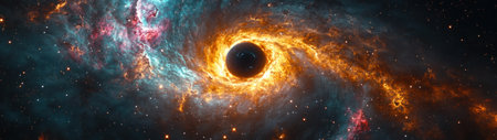 A swirling nebula of bright colors envelops a black hole under a starry sky.の素材