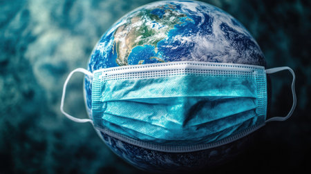 Earth embraces a blue mask, symbolizing global efforts against health crises and unity.の素材