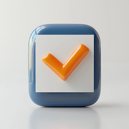 A vivid 3D checkmark pops against a calming blue background, sparkling creativity.の素材