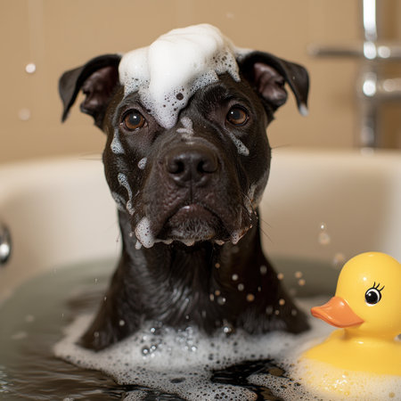 A playful dog with bubbles on its head bathes in warm water next to a bright duck toyの素材