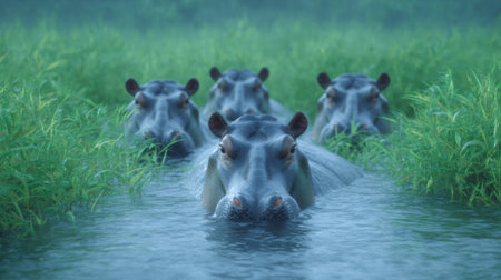Four hippos glide through calm waters surrounded by vibrant greenery in the eveningの素材