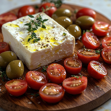 Savory cheese sits elegantly with vibrant tomatoes and green olives perfect for sharingの素材