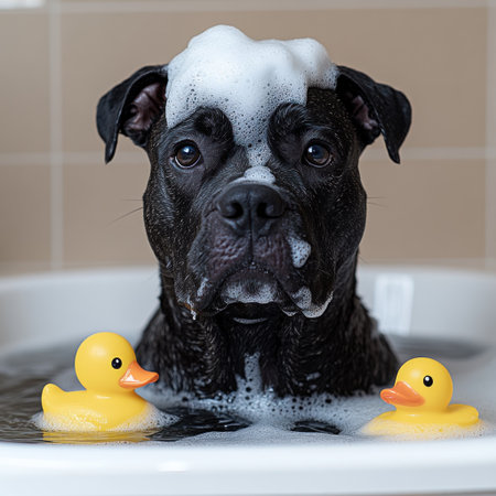A playful black dog relaxes in a bubble filled tub with yellow rubber ducks nearbyの素材