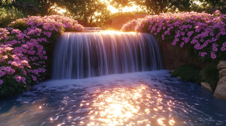 Sunlight dances on the water as purple flowers frame the serene waterfall sceneの素材