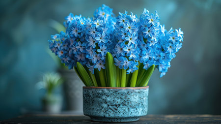 Bright blue flowers in a lovely ceramic pot bring life to a warm and inviting settingの素材