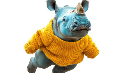 A playful rhino in a bright sweater bounds through an imaginative landscape with delightの素材