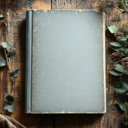 An antique book lies on a wooden table surrounded by dried leaves and nature's essenceの素材