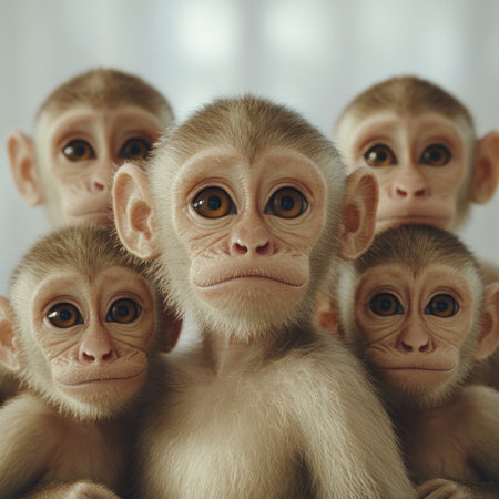 A group of five curious monkeys sits close gazing with wide eyes and playful expressionsの素材