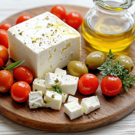 Fresh cheese paired with juicy tomatoes and olives offers a vibrant taste of summerの素材