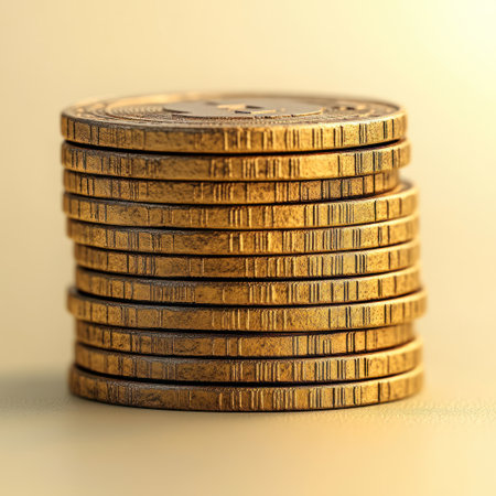 A tall stack of shiny gold coins reflects warm light in a tranquil atmosphereの素材