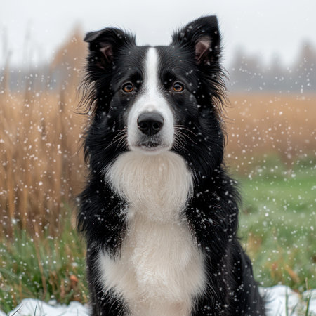 A calm border collie sits in the snow amid falling flakes in a peaceful sceneの素材