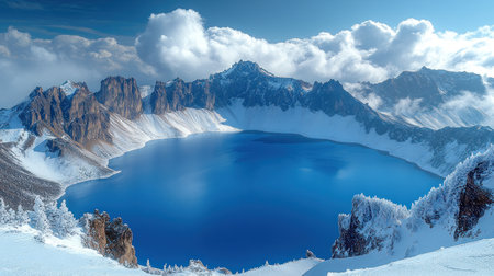 Snow capped peaks surround a stunning blue lake under a cloudy skyの素材