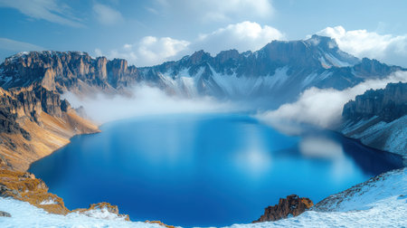 A stunning lake reflects the sky and mountains surrounded by serene winter sceneryの素材
