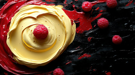 Bright yellow frosting swirls beautifully with fresh raspberries in an artistic displayの素材