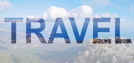 Word TRAVEL over nature landscape. Double expo.の写真素材