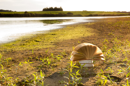 Opened hardback book diary, fanned pages on blurred nature landscape backdrop, lying in summer field on green grass. Books stacking. Copy space, back to school education background.の写真素材