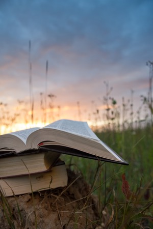 Opened hardback book diary, fanned pages on blurred nature landscape backdrop, lying in summer field on green grass against sunset sky with back light. Copy space, back to school education background.の写真素材