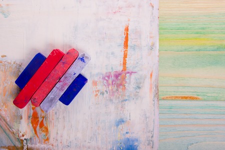 Artistic. Used artist paintbrushes on wood background. Back to school, copy space. Education background.の写真素材