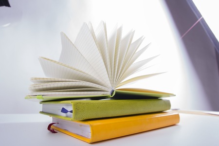 Stack of hadrback books. Library education concept. Back to school. Copy space.