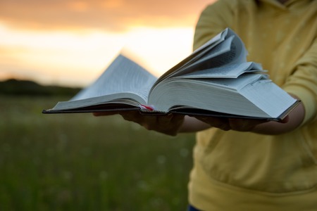 Female hands holding opened hardback book, diary with fanned pages on blurred nature landscape background against sunset sky with back light. Copy space, back to school education concept.の写真素材