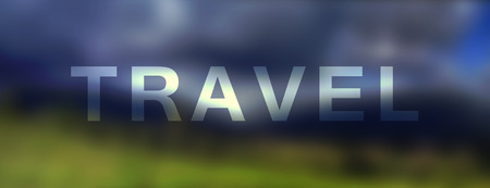 Word TRAVEL over nature blurred landscape background. Double expo.の写真素材