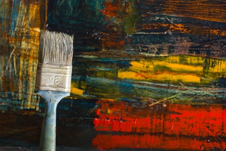 Abstract painted canvas. Oil paints on a palette. Colorful background.の写真素材