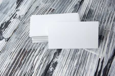 Blank corporate identity template package business cards on wood tableの写真素材