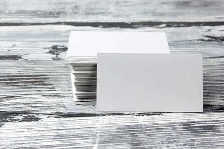 Blank corporate identity template package business cards on wood tableの写真素材