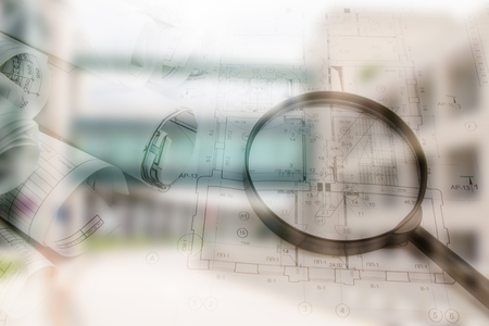 Real estate concept, double expo blueprint and keysの写真素材