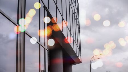 Abstract business modern city urban futuristic architecture background, motion blur, reflection in...