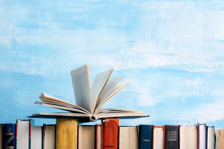 Books on wooden desk table and abstract background. Education background. Copy Space. Back to school.の写真素材