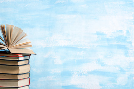 Books on wooden desk table and abstract background. Education background. Copy Space. Back to school.の写真素材