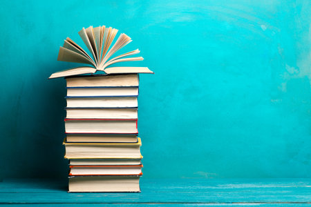 Books on wooden desk table and abstract background. Education background. Copy Space. Back to school.の写真素材