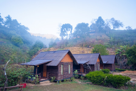 Rest home in the morning with fog at Doi Ang Khang, Chiang Mai, Thailandのeditorial素材