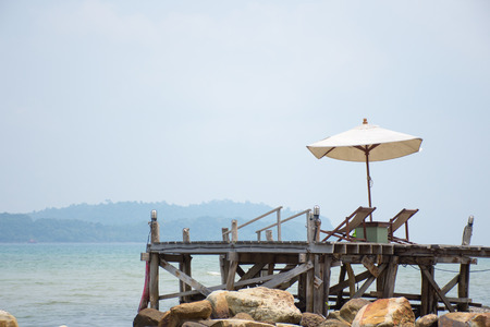 Beach chair with sea backgroundの写真素材