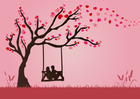 vector illustration of couples are swinging under Love tree with paper art style for valentine festival.のイラスト素材