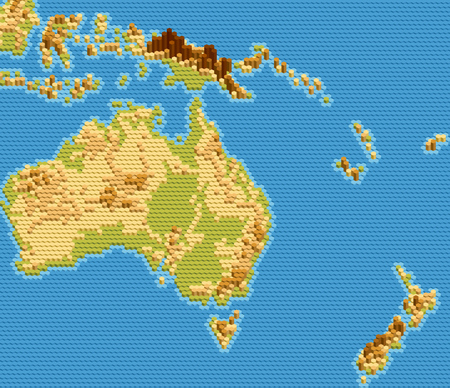 Vector physical map of Australia and Oceania stylized using embossed hexagons. Colored according to relief.のイラスト素材